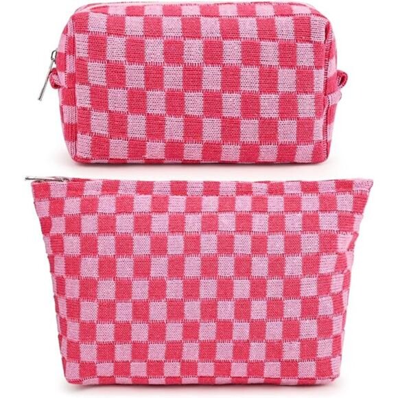 2 Pieces Makeup Bag Large Checkered Cosmetic Bags Travel Toiletry Organizer Set - Picture 8 of 8